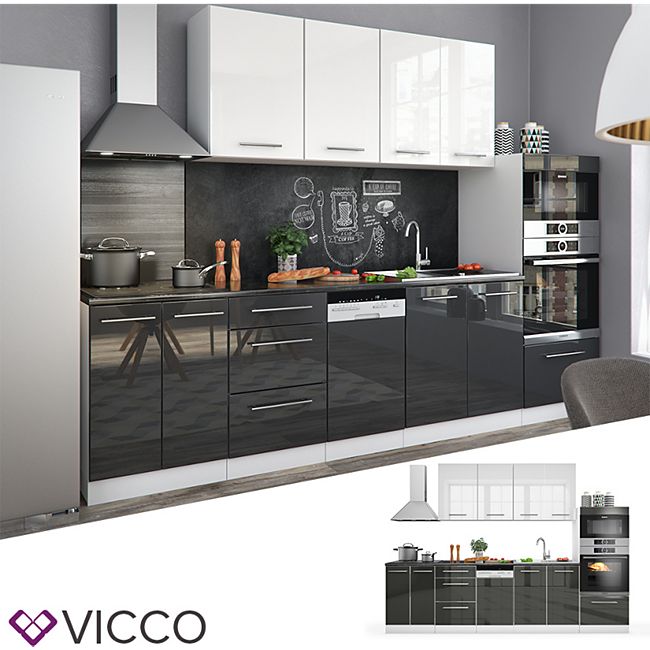 Vicco Kuche Fame Line Kuchenzeile Kuchenblock Einbaukuche 295cm Anthrazit Weiss Hochglanz Online Kaufen Bei Netto
